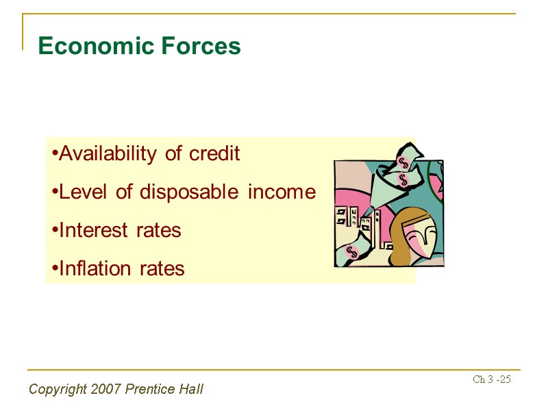 Copyright 2007 Prentice Hall Ch 3 -25 Economic Forces Availability of credit Level of
